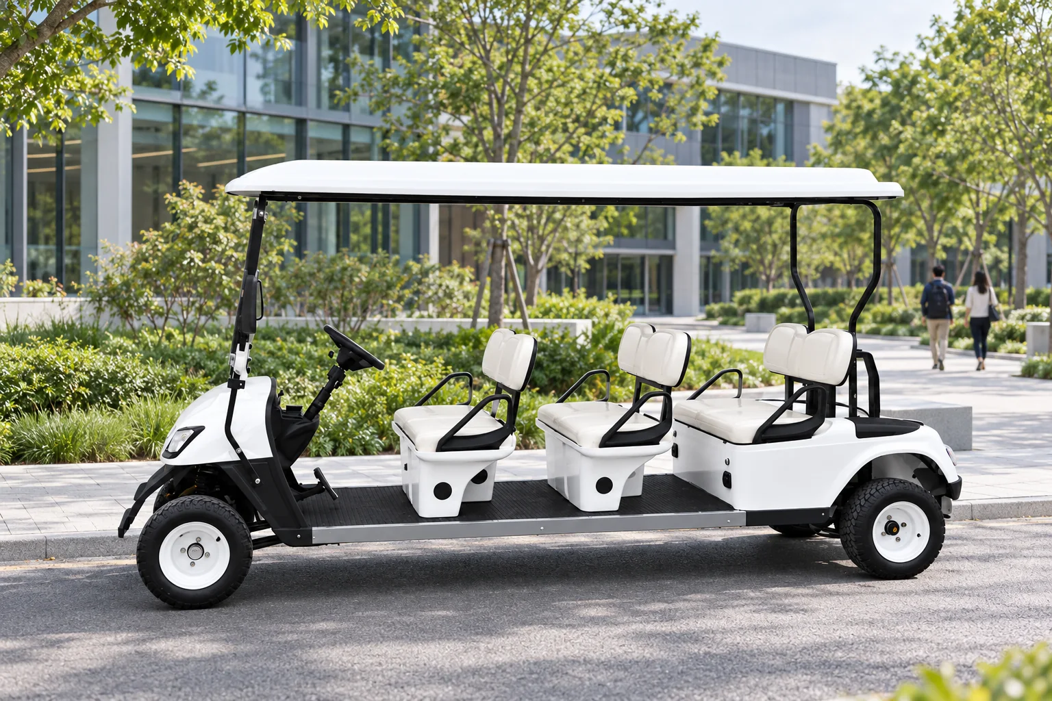 Illustration of a white six-passenger shuttle on a campus route / 白色六座接驳车用于园区路线的场景示意