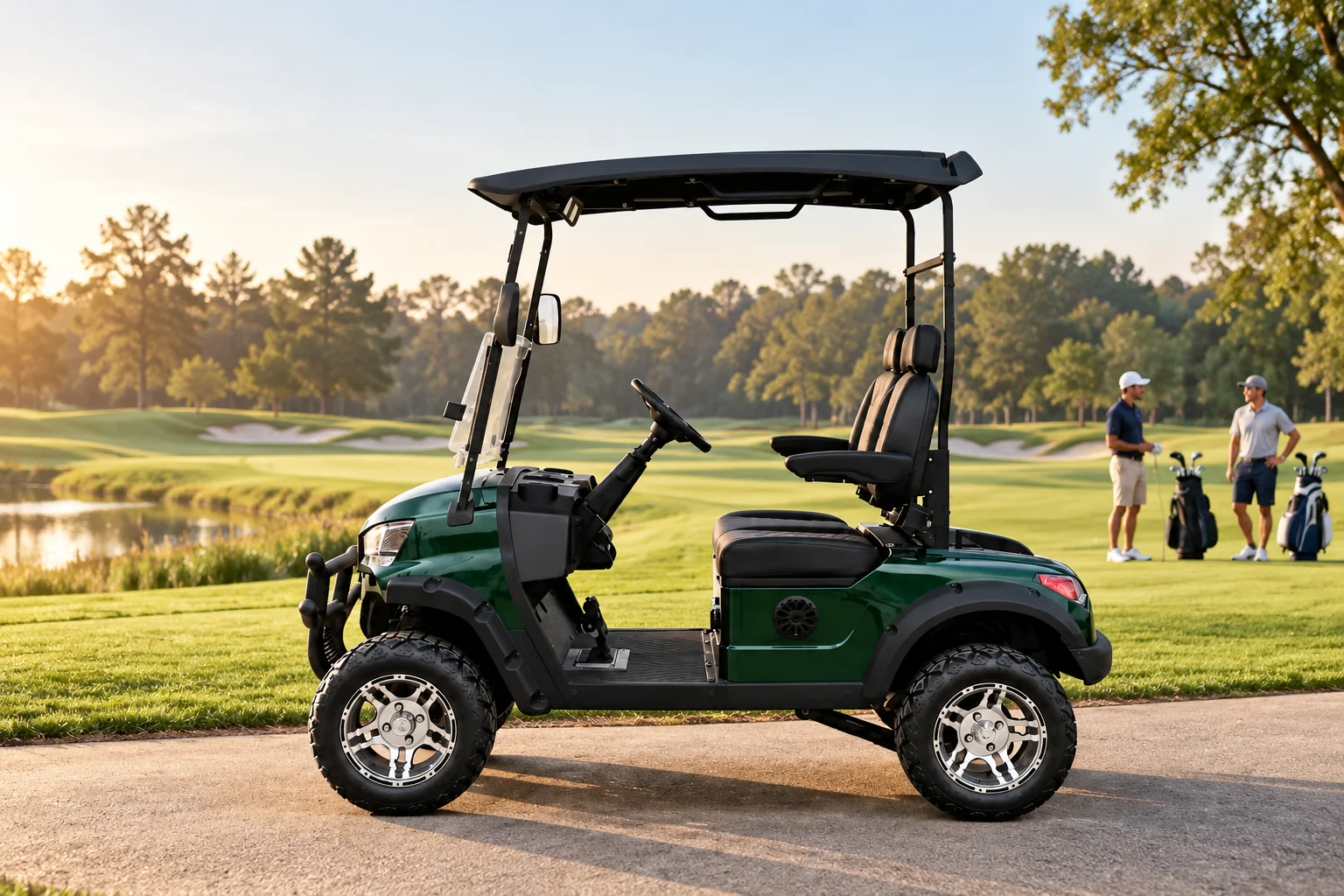 Illustration of a green two-passenger golf cart on a golf-course path / 绿色双座球车停在球场车道的场景示意