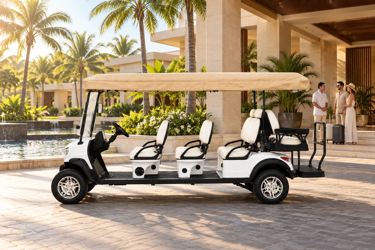 Illustration of a white eight-passenger shuttle outside a resort hotel / 白色八座接驳车停在度假酒店外的场景示意