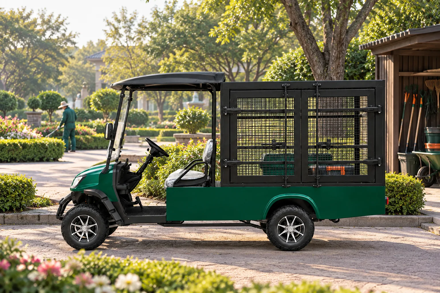 Illustration of a green caged cargo cart for grounds maintenance / 绿色网笼货车用于园林维护的场景示意