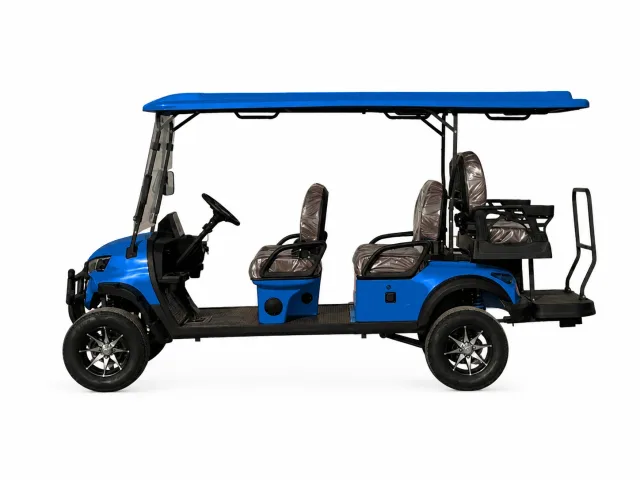Four-passenger golf cart shown in blue