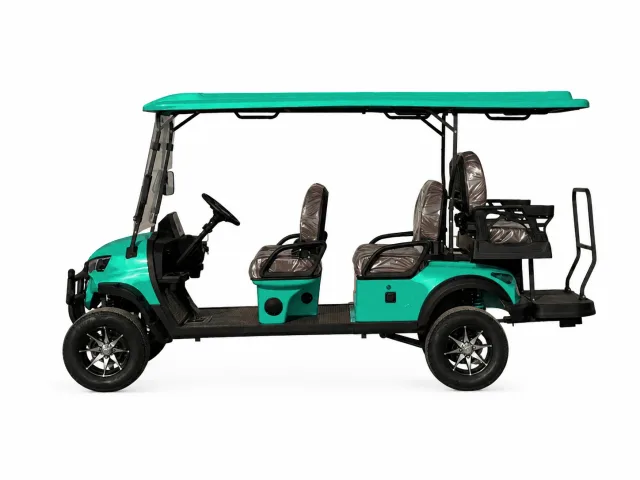 Four-passenger golf cart shown in emerald