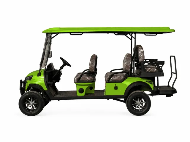 Four-passenger golf cart shown in lime green