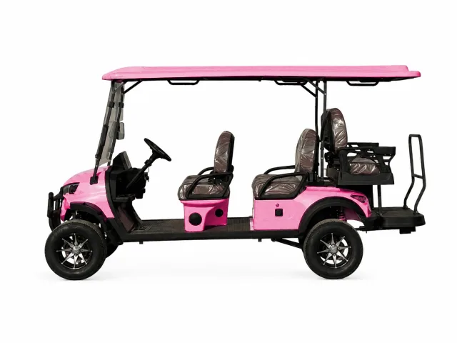 Four-passenger golf cart shown in pink