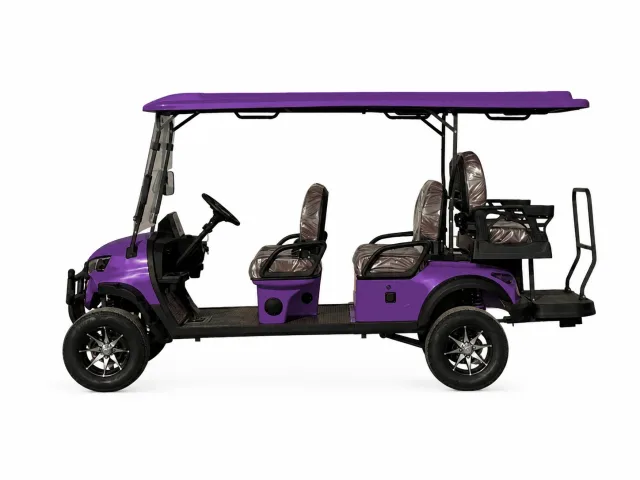 Four-passenger golf cart shown in purple