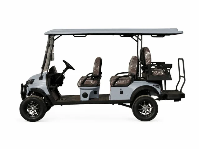 Four-passenger golf cart shown in silver