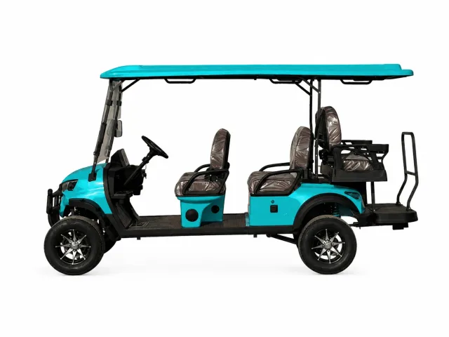 Four-passenger golf cart shown in turquoise