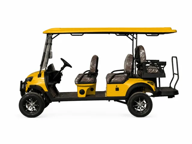 Four-passenger golf cart shown in yellow
