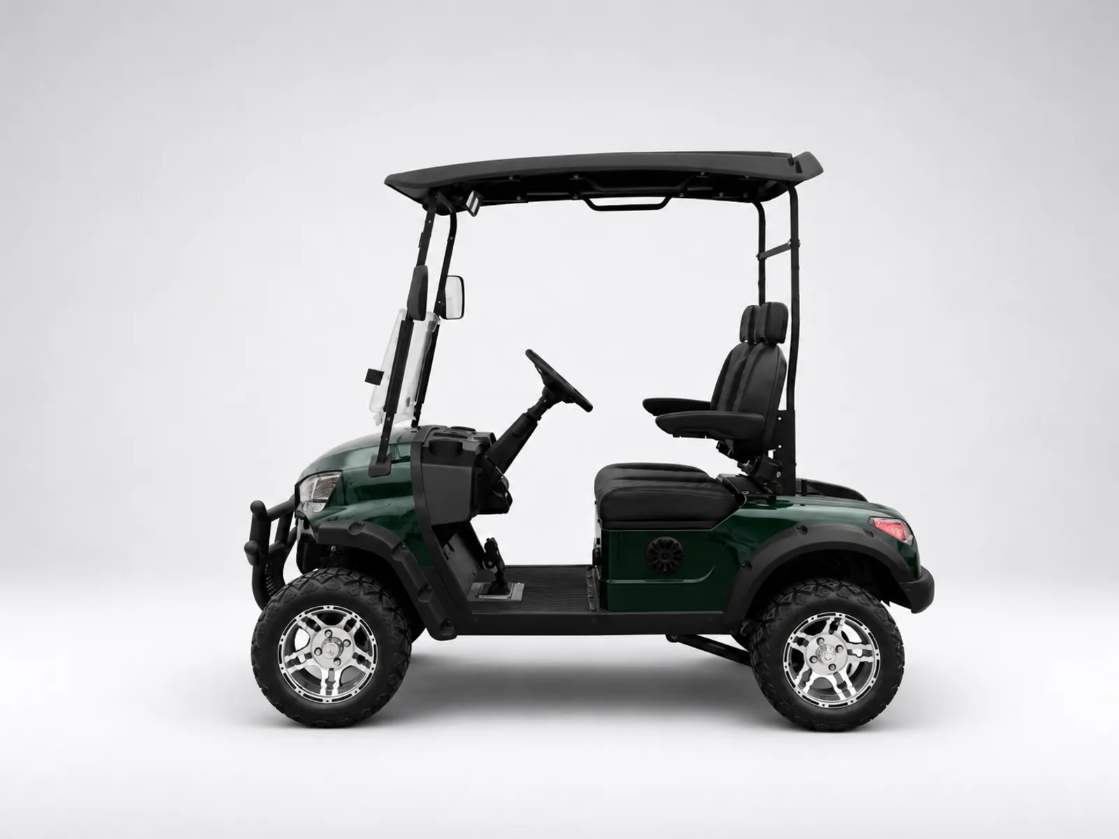 Dark green two-passenger golf cart in side view