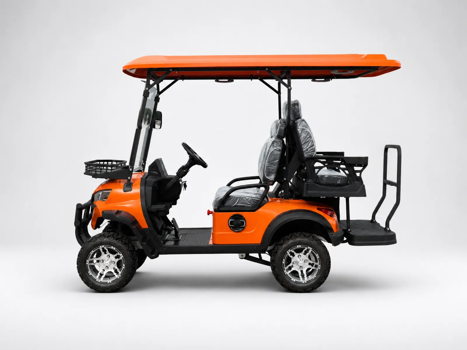 Orange four-passenger golf cart with a rear-facing rear seat and rear step