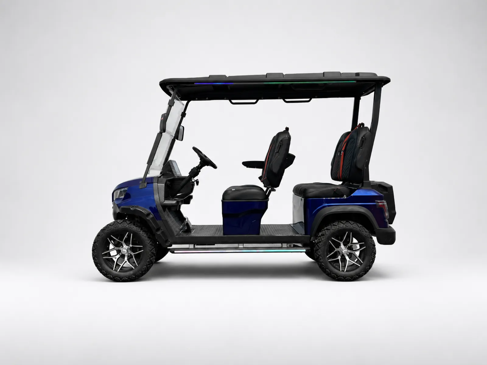 Blue four-passenger golf cart with two forward-facing rows and a full-length roof