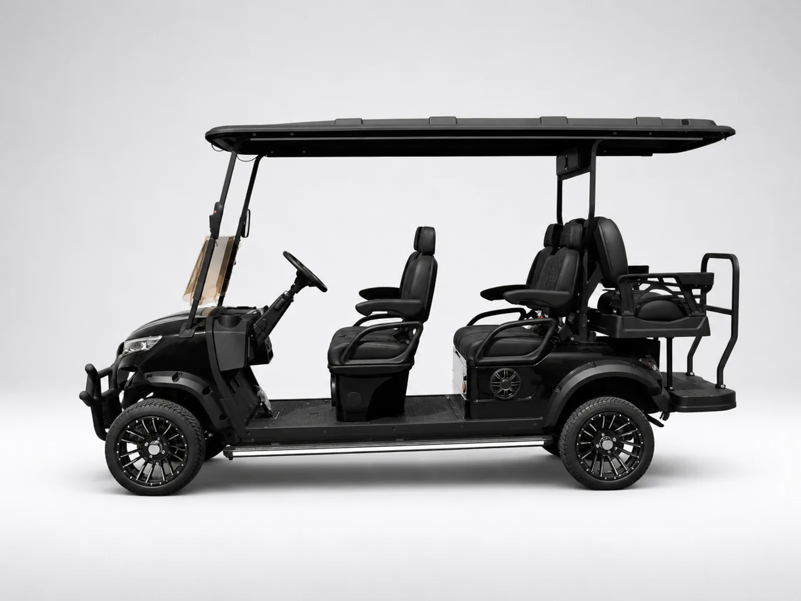 Black six-passenger golf cart with a rear-facing rear bench and extended canopy