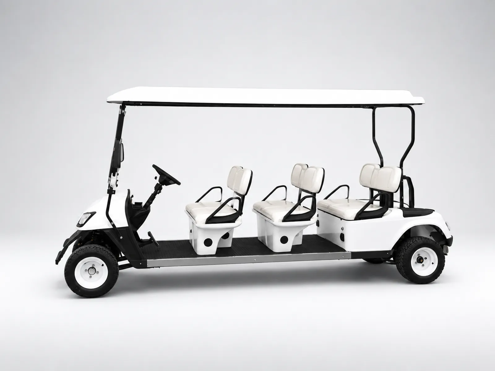 White six-passenger shuttle with three forward-facing bench rows on a flat deck