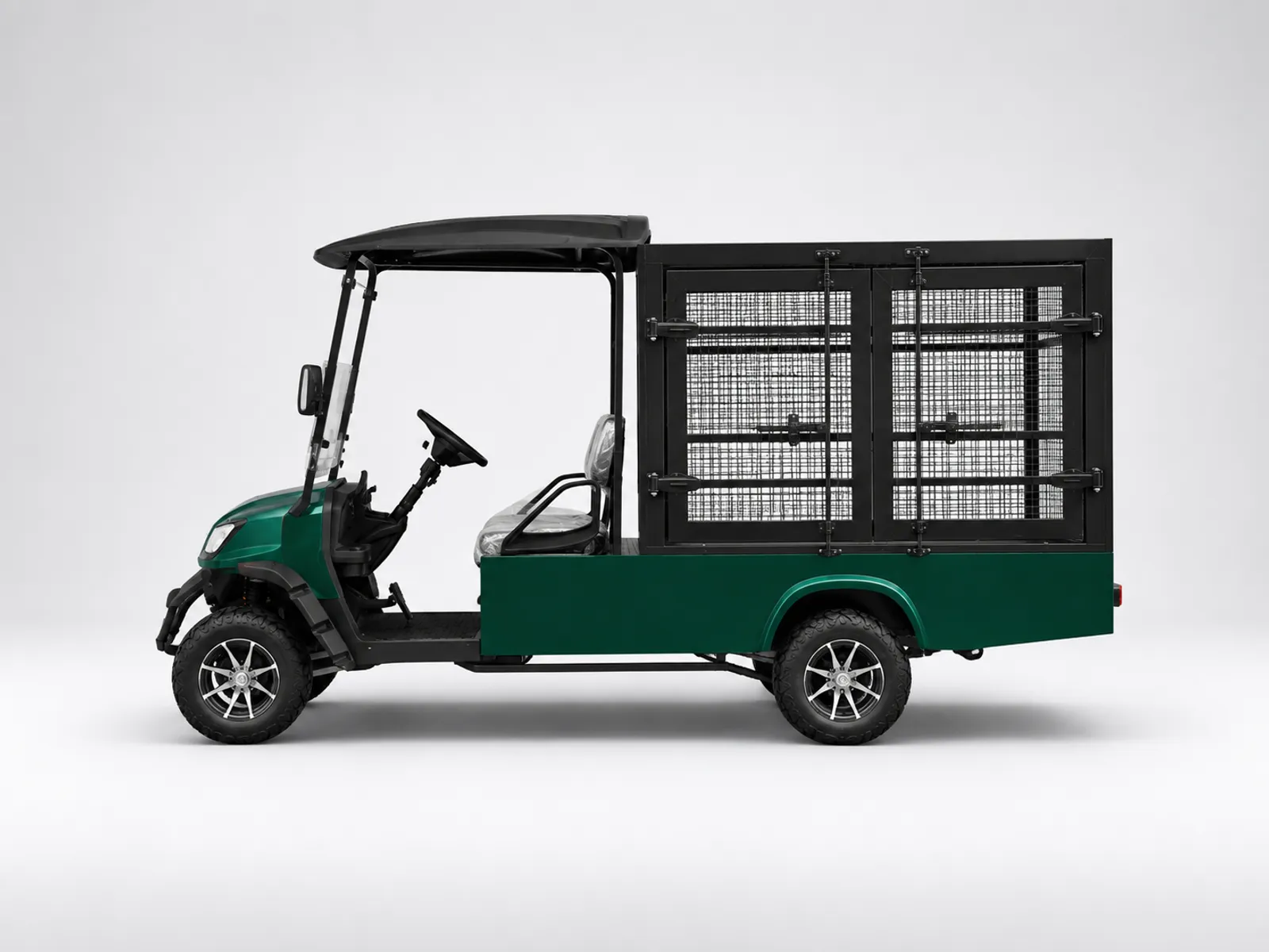 Green utility cart with a steel mesh cargo cage